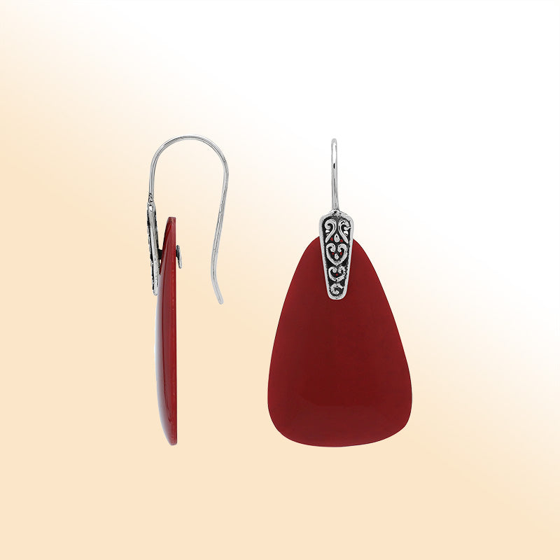 Sterling Silver Red Coral Drop Earrings With Filigree Accent