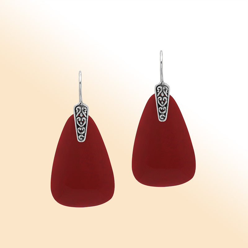 Sterling Silver Red Coral Drop Earrings With Filigree Accent