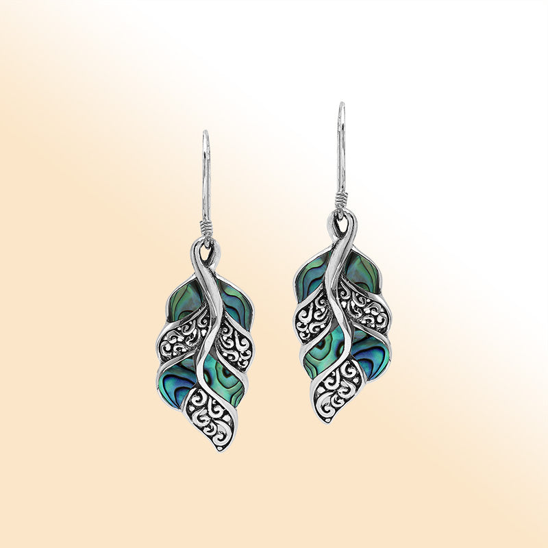 Sterling Silver Abalone Shell Artistic Leaf Drop Earrings