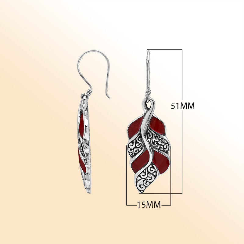 Elegant Red Coral Curved Leaf Silver Earrings With Earwire Lock