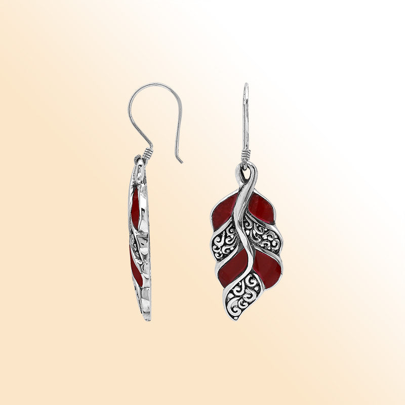 Elegant Red Coral Curved Leaf Silver Earrings With Earwire Lock