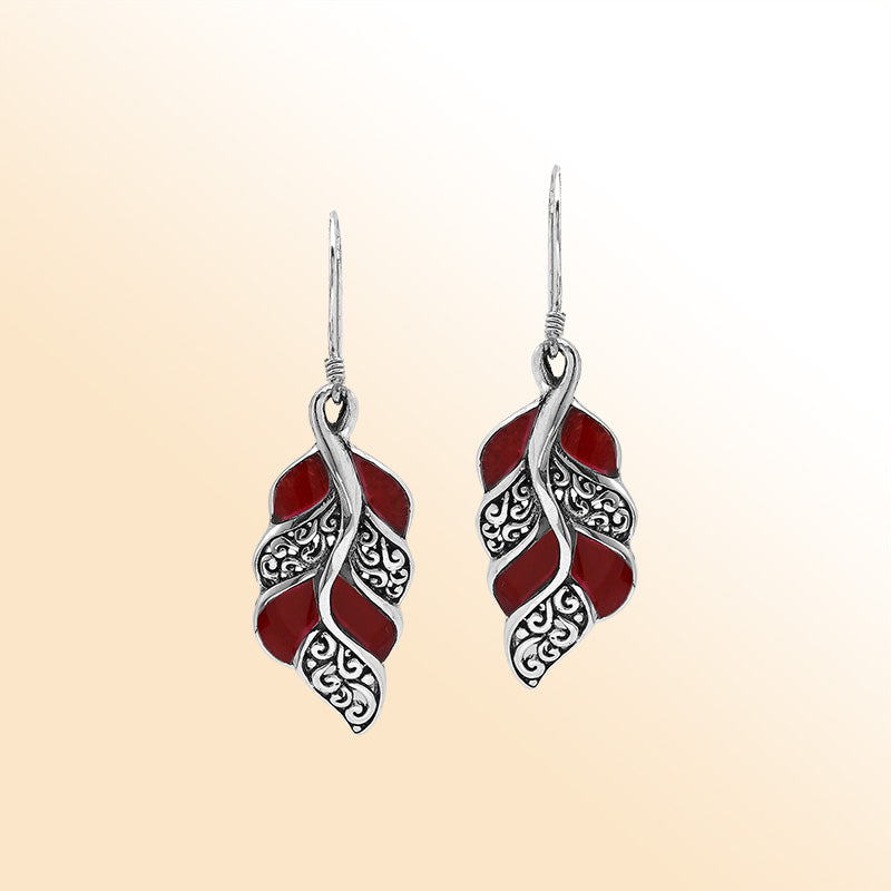 Elegant Red Coral Curved Leaf Silver Earrings With Earwire Lock
