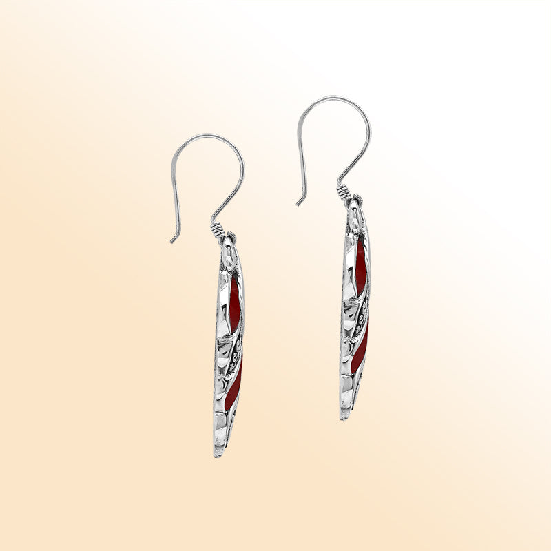 Elegant Red Coral Curved Leaf Silver Earrings With Earwire Lock