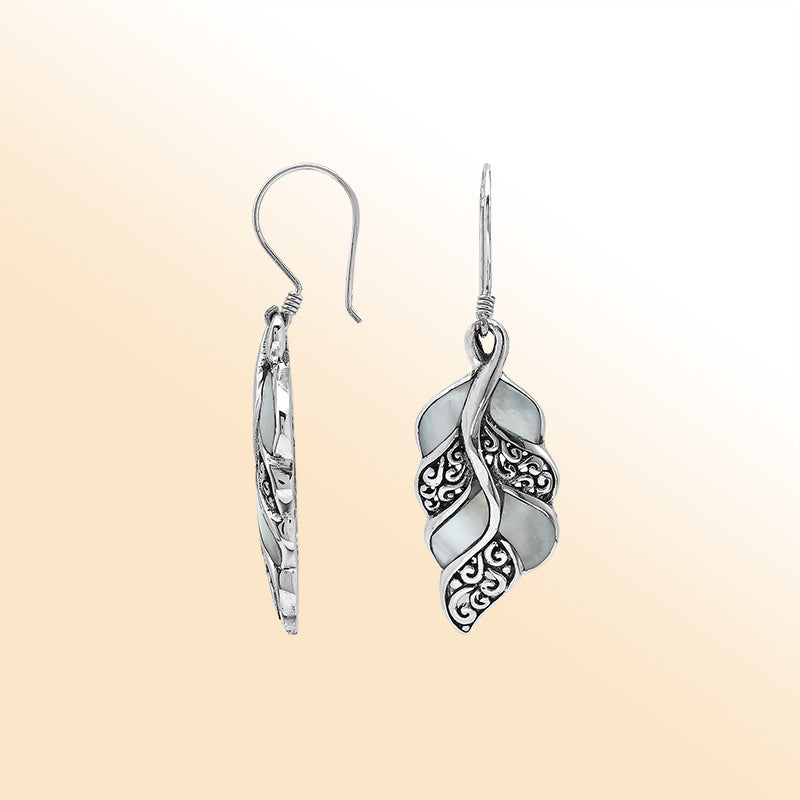 Elegant Mother Of Pearl Curved Leaf Silver Earrings With Earwire Lock