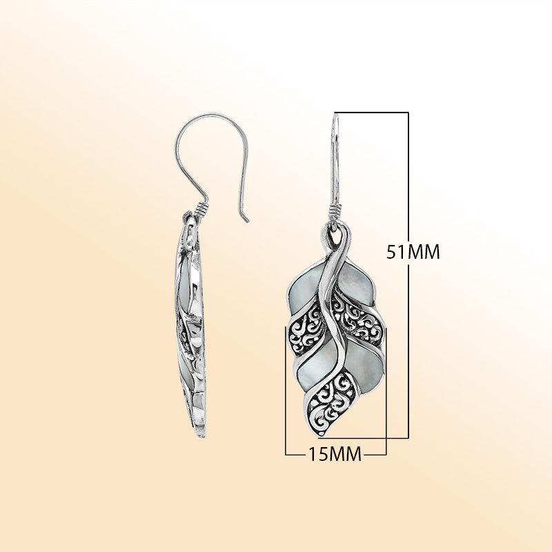 Elegant Mother Of Pearl Curved Leaf Silver Earrings With Earwire Lock