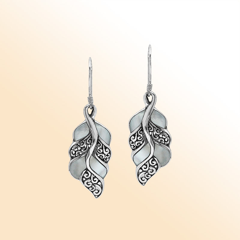 Elegant Mother Of Pearl Curved Leaf Silver Earrings With Earwire Lock