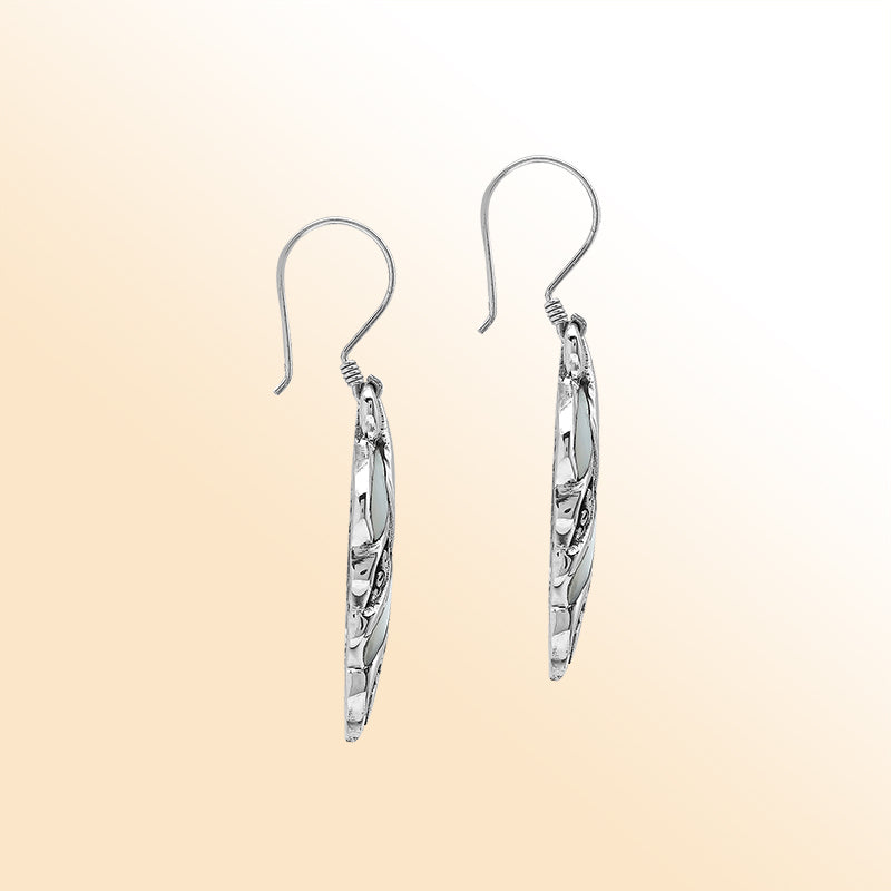 Elegant Mother Of Pearl Curved Leaf Silver Earrings With Earwire Lock