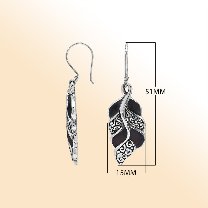 Elegant Black Shell Curved Leaf Silver Earrings With Earwire Lock