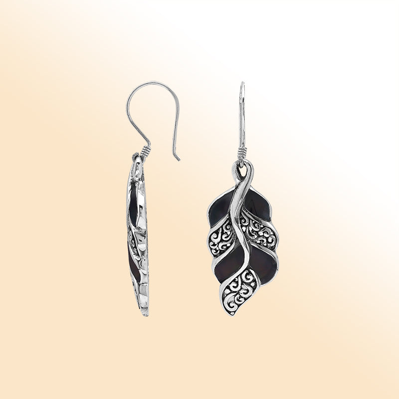 Elegant Black Shell Curved Leaf Silver Earrings With Earwire Lock