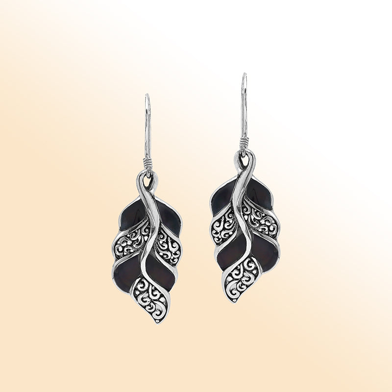 Elegant Black Shell Curved Leaf Silver Earrings With Earwire Lock
