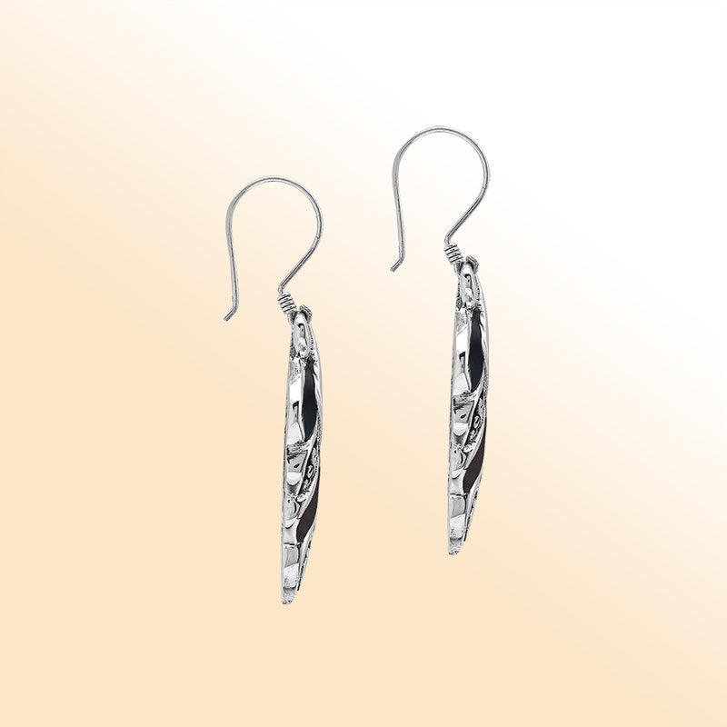 Elegant Black Shell Curved Leaf Silver Earrings With Earwire Lock