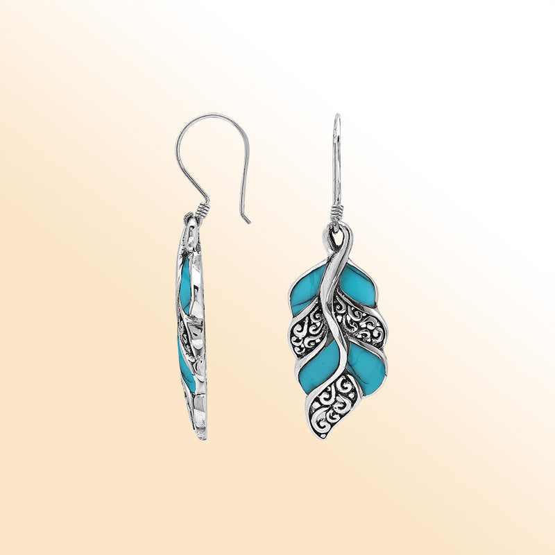 Elegant Turquoise Shell Curved Leaf Silver Earrings With Earwire Lock