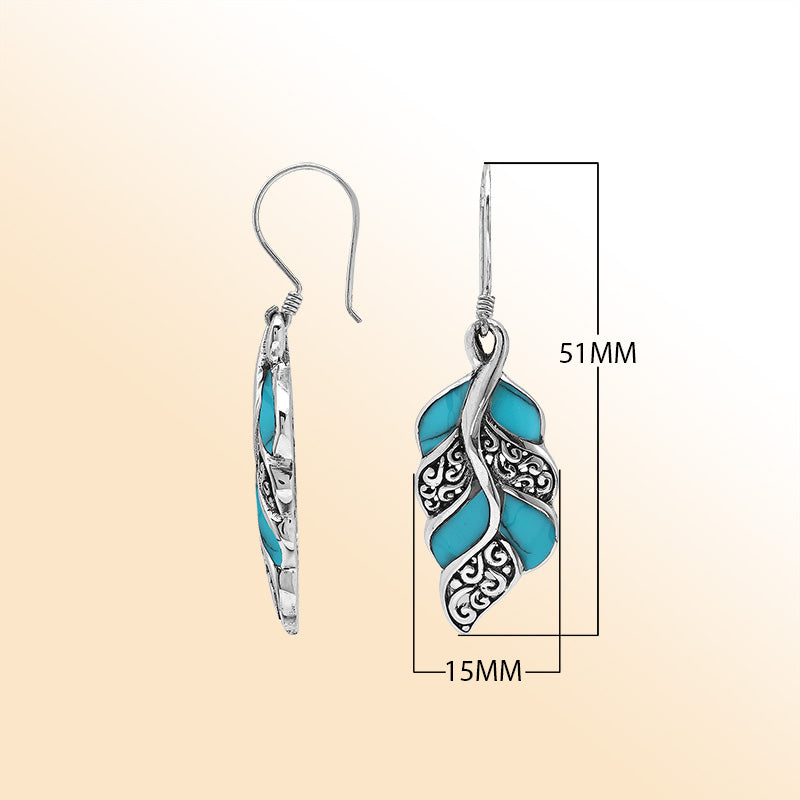 Elegant Turquoise Shell Curved Leaf Silver Earrings With Earwire Lock