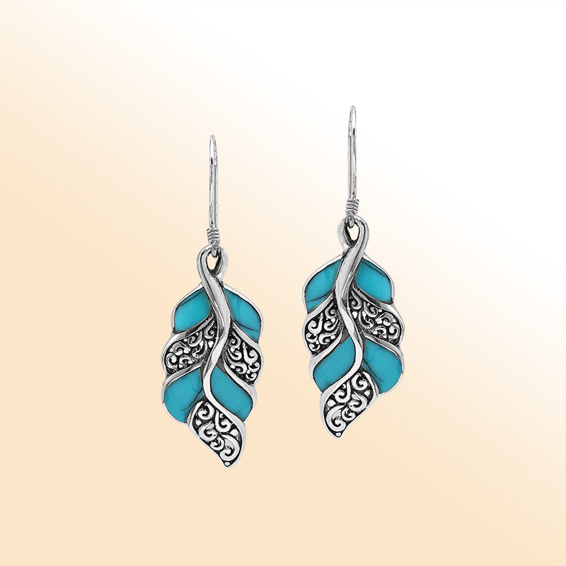 Elegant Turquoise Shell Curved Leaf Silver Earrings With Earwire Lock