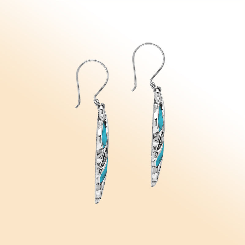Elegant Turquoise Shell Curved Leaf Silver Earrings With Earwire Lock
