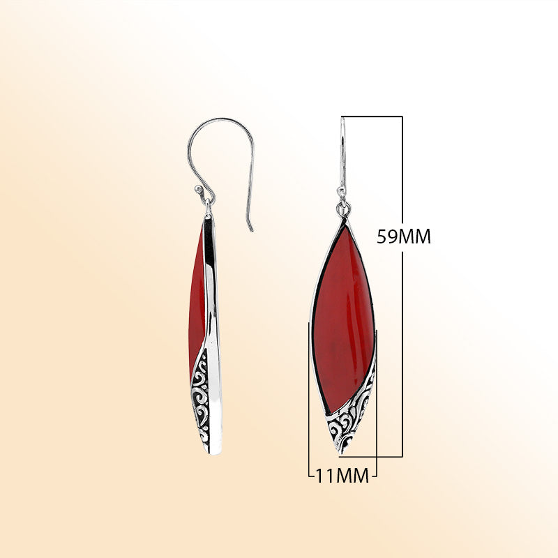 Elegant Red Coral Marquise Silver Earrings With Earwire Lock