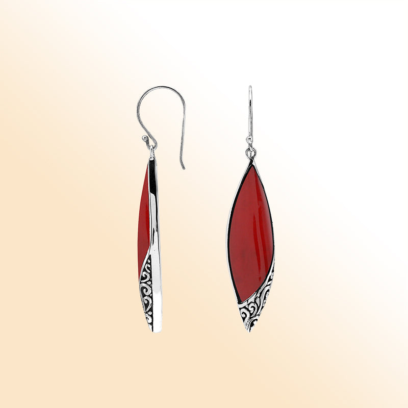 Elegant Red Coral Marquise Silver Earrings With Earwire Lock