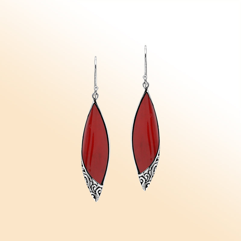 Elegant Red Coral Marquise Silver Earrings With Earwire Lock