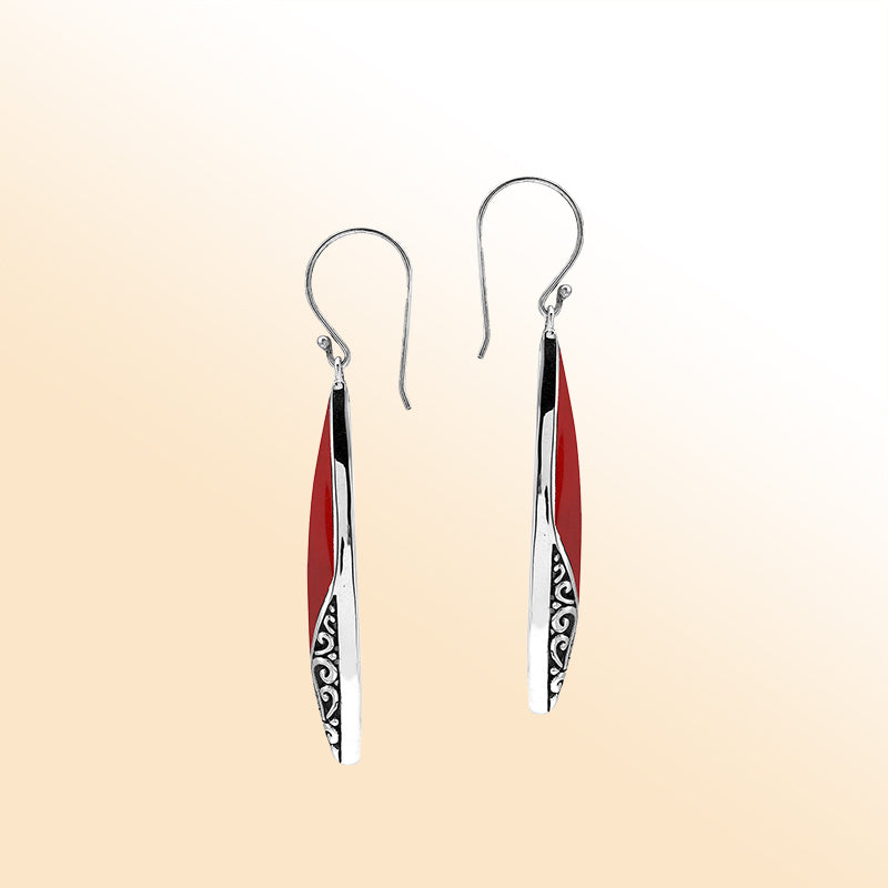 Elegant Red Coral Marquise Silver Earrings With Earwire Lock