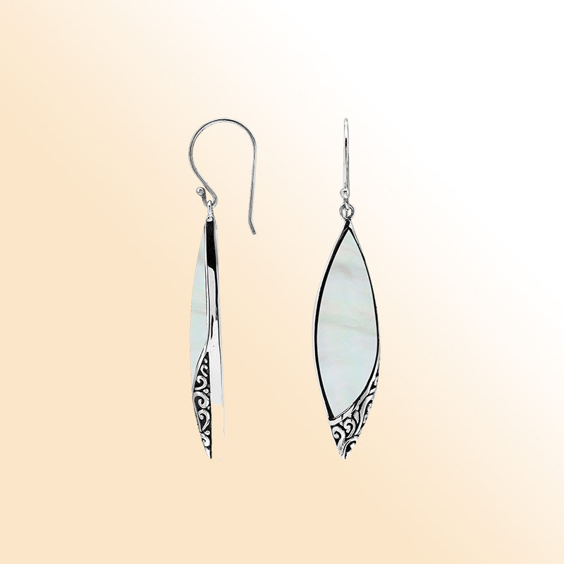 Elegant Mother Of Pearl Marquise Silver Earrings With Earwire Lock