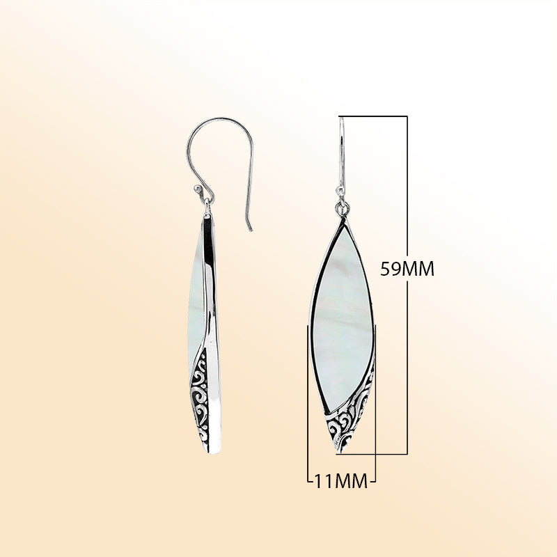 Elegant Mother Of Pearl Marquise Silver Earrings With Earwire Lock