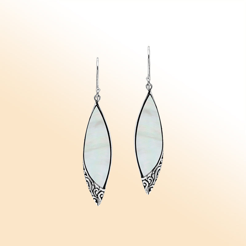 Elegant Mother Of Pearl Marquise Silver Earrings With Earwire Lock
