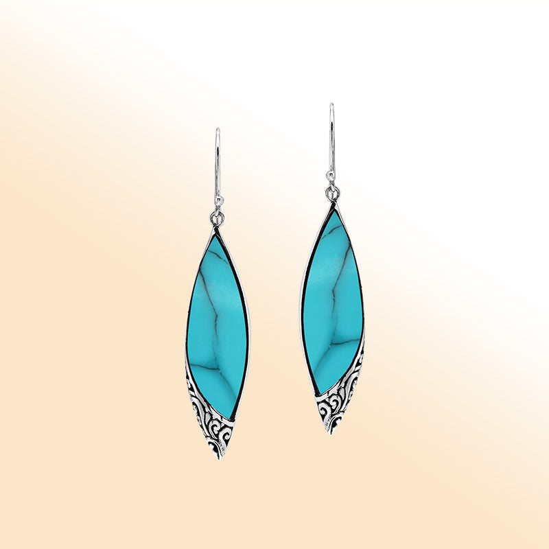 Elegant Turquoise Shell Marquise Silver Earrings With Earwire Lock