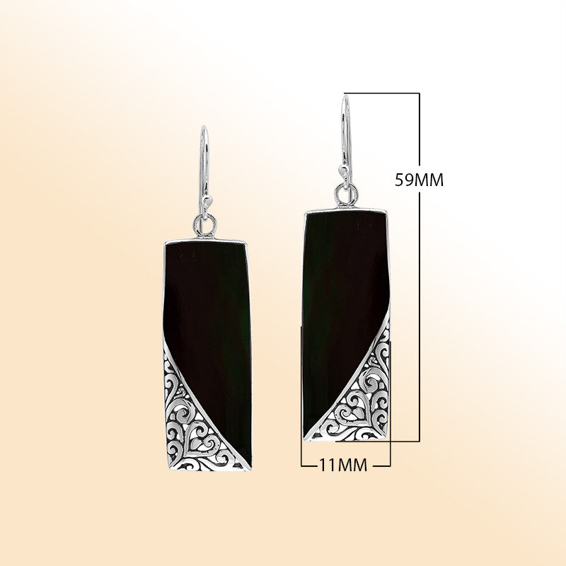 Black Shell Silver Drop Earrings With Curved Filigree Design