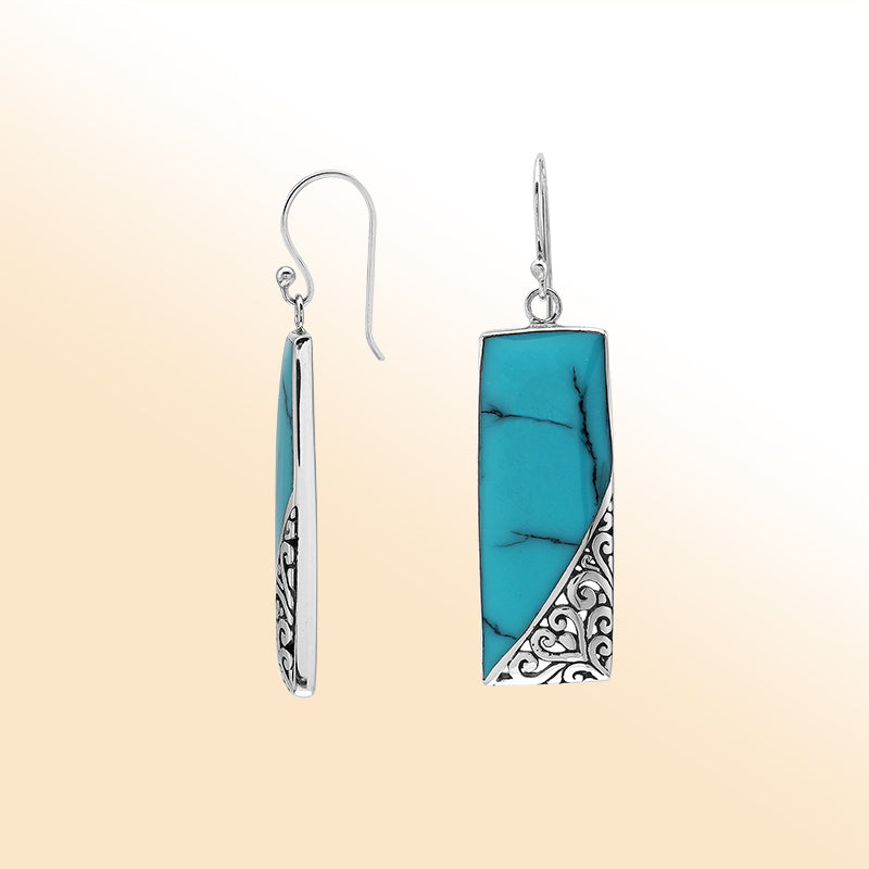 Turquoise Shell Drop Earrings In Silver With Swirl Filigree