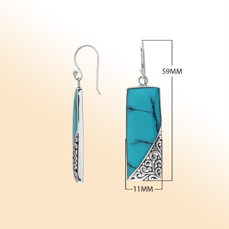 Turquoise Shell Drop Earrings In Silver With Swirl Filigree