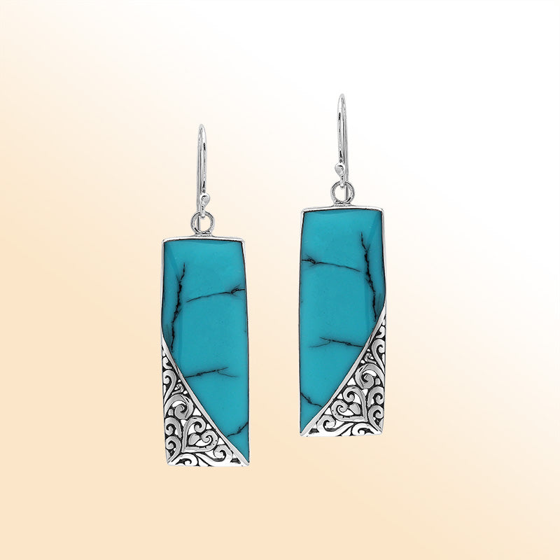 Turquoise Shell Drop Earrings In Silver With Swirl Filigree