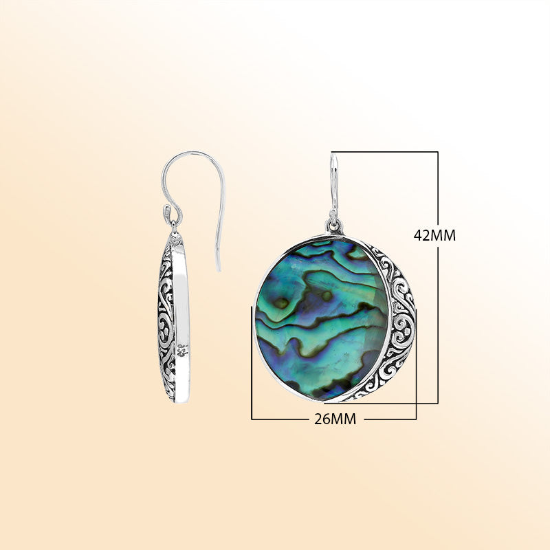 Abalone Shell Drop Earrings In Silver With Wave Filigree Design