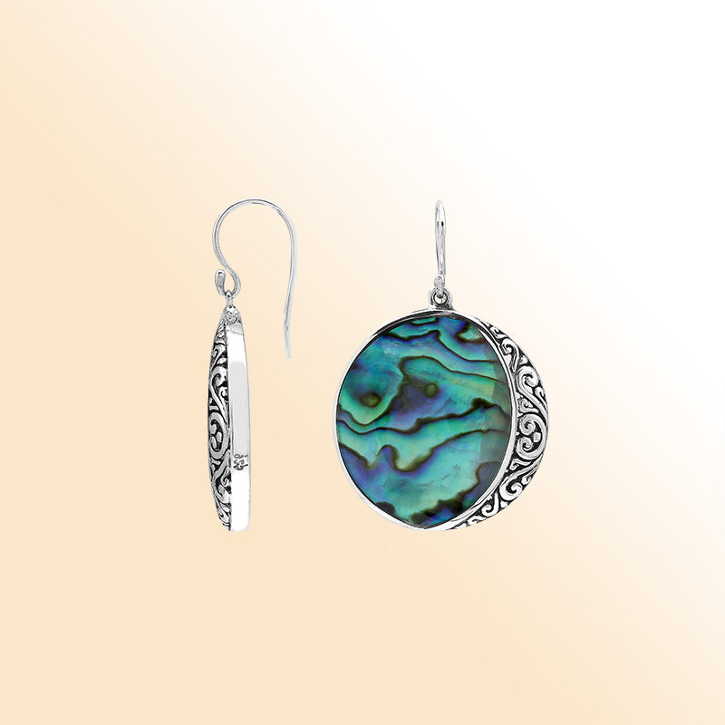 Abalone Shell Drop Earrings In Silver With Wave Filigree Design