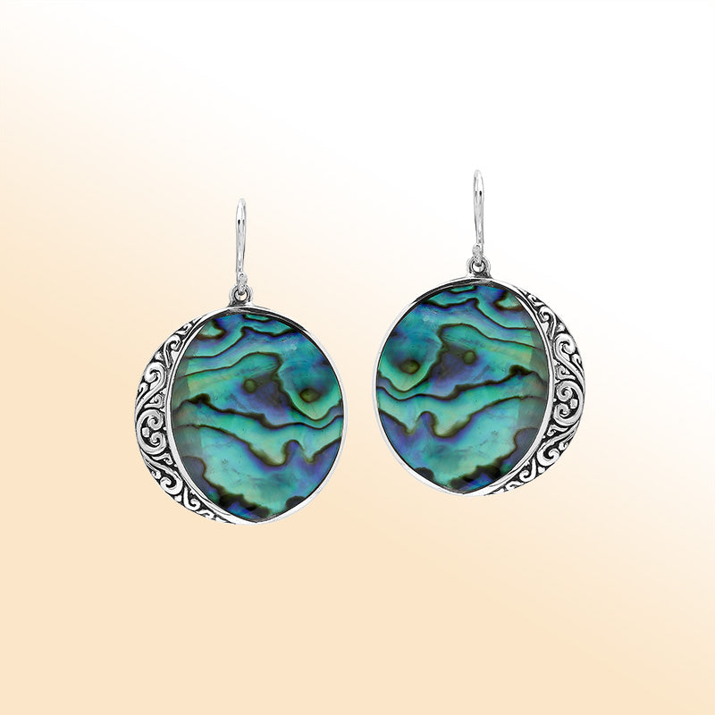 Abalone Shell Drop Earrings In Silver With Wave Filigree Design