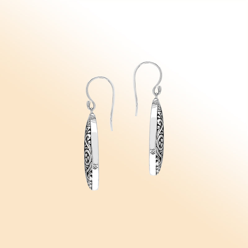 Abalone Shell Drop Earrings In Silver With Wave Filigree Design