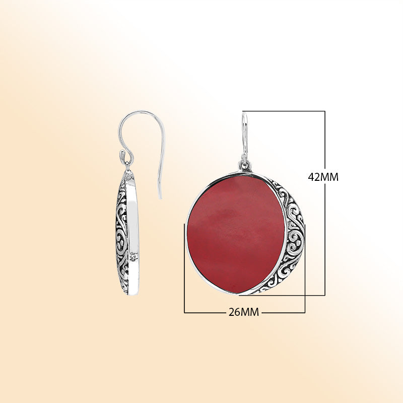 Red Coral Drop Earrings In Silver With Curved Filigree
