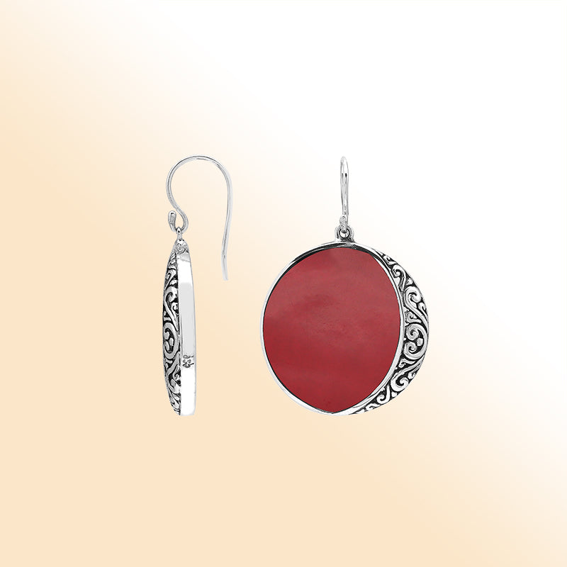 Red Coral Drop Earrings In Silver With Curved Filigree