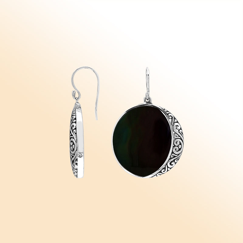 Black Shell Drop Earrings In Silver With Swirl Filigree