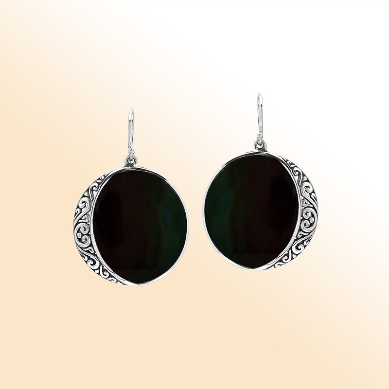 Black Shell Drop Earrings In Silver With Swirl Filigree