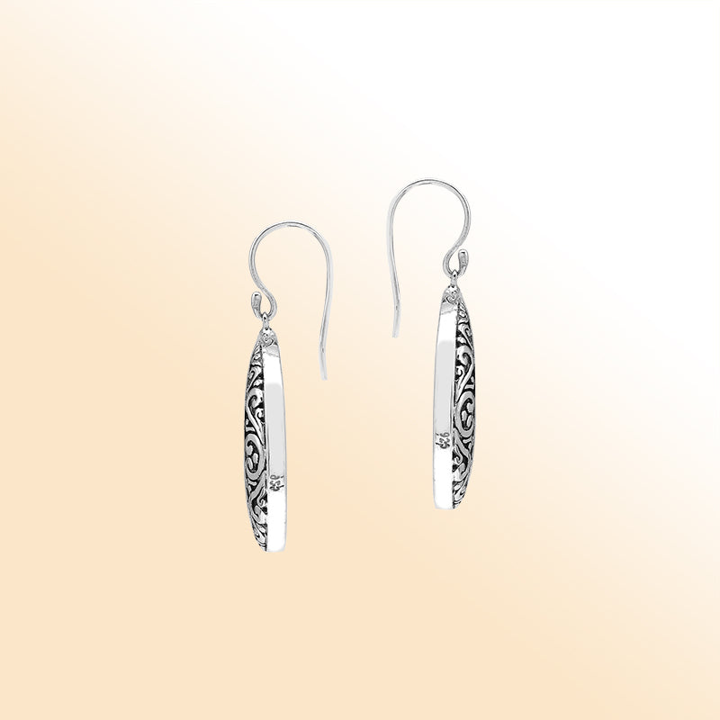 Black Shell Drop Earrings In Silver With Swirl Filigree