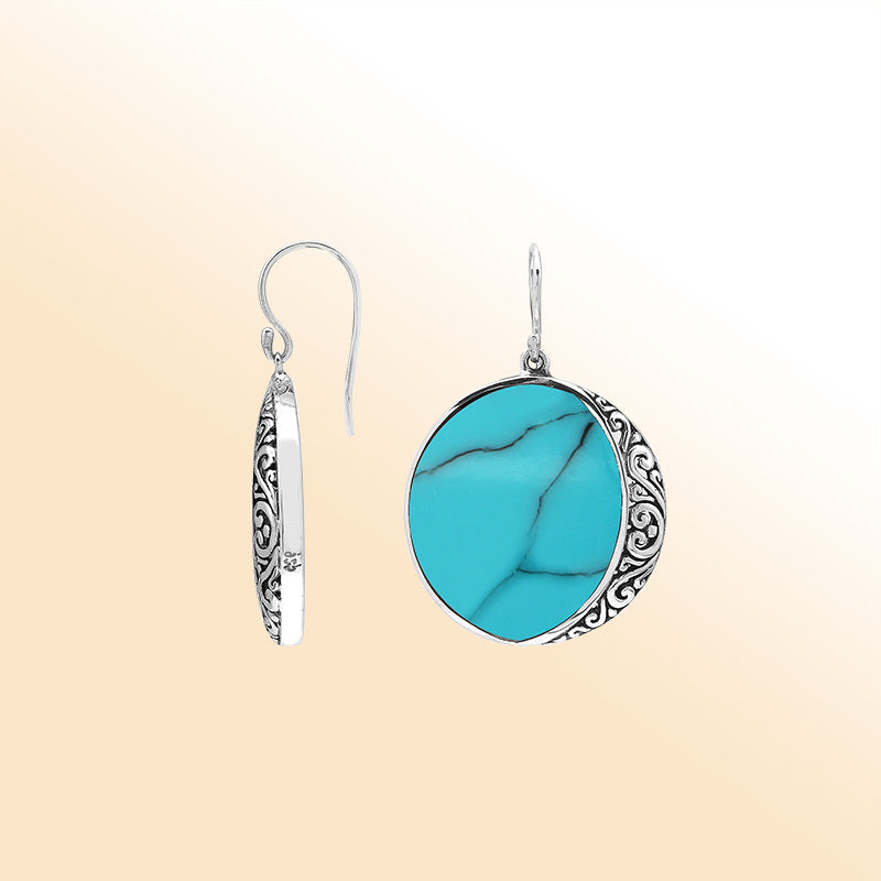 Turquoise Shell Drop Earrings In Silver With Swirl Filigree