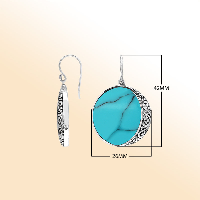 Turquoise Shell Drop Earrings In Silver With Swirl Filigree