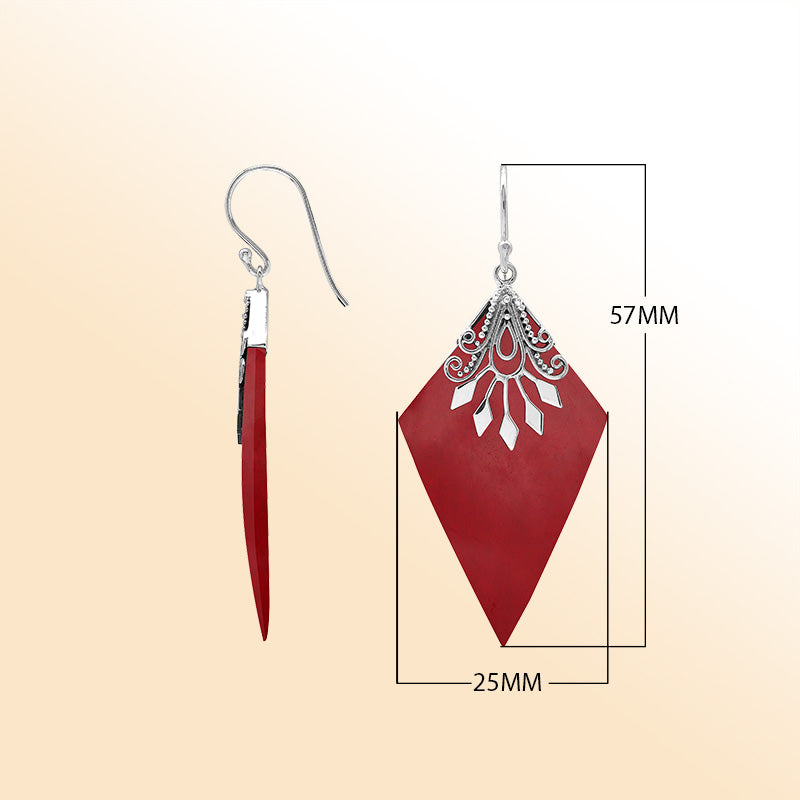 Sterling silver Red Coral drop earrings handcrafted in Bali