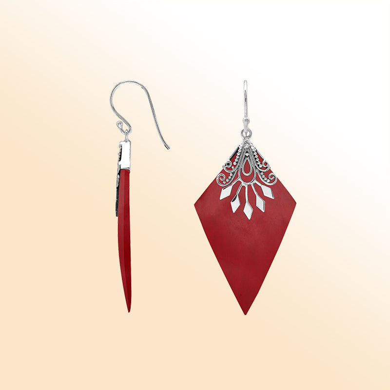 Sterling silver Red Coral drop earrings handcrafted in Bali