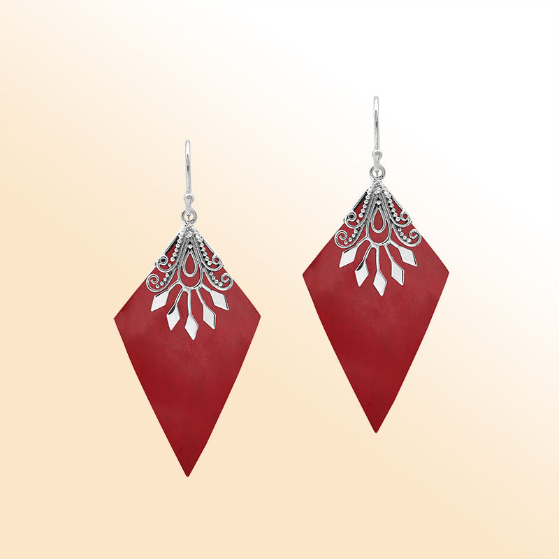 Sterling silver Red Coral drop earrings handcrafted in Bali