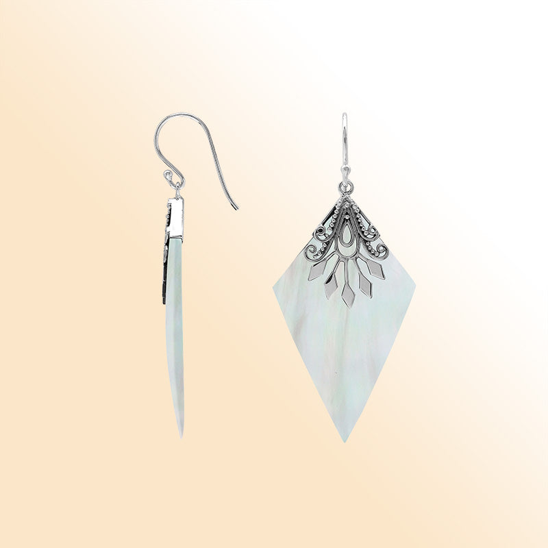 Sterling silver Mother Of Pearl drop earrings handcrafted in Bali