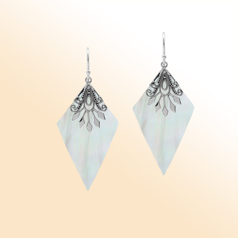 Sterling silver Mother Of Pearl drop earrings handcrafted in Bali