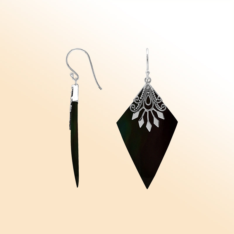 Sterling silver Black Shell drop earrings handcrafted in Bali