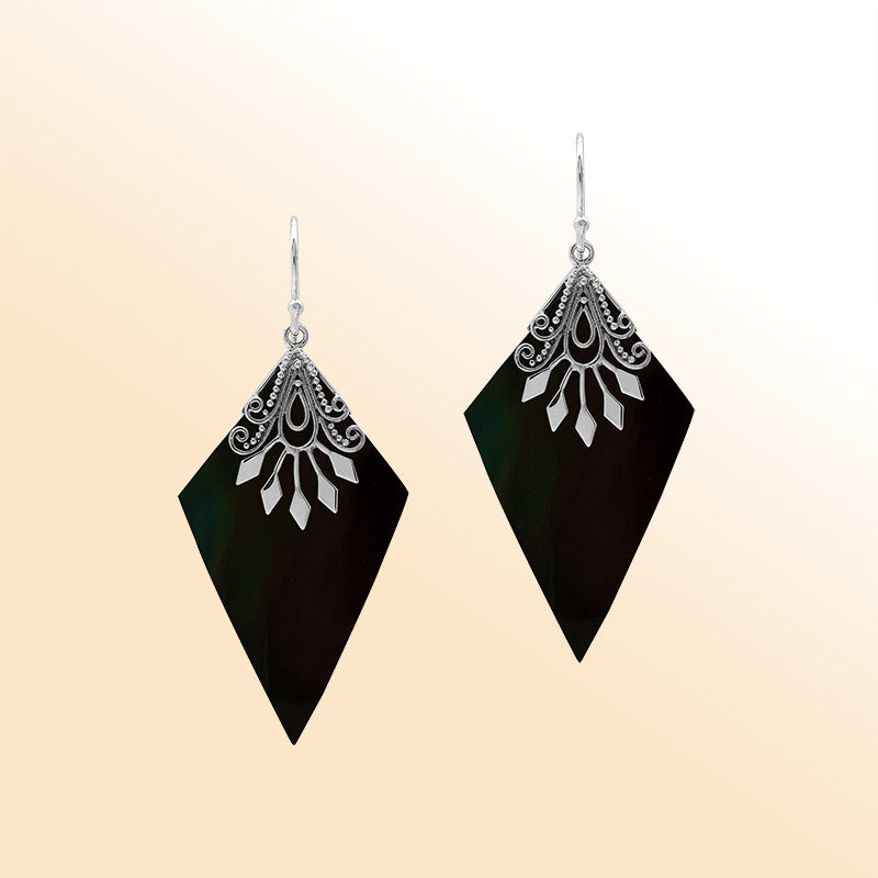 Sterling silver Black Shell drop earrings handcrafted in Bali