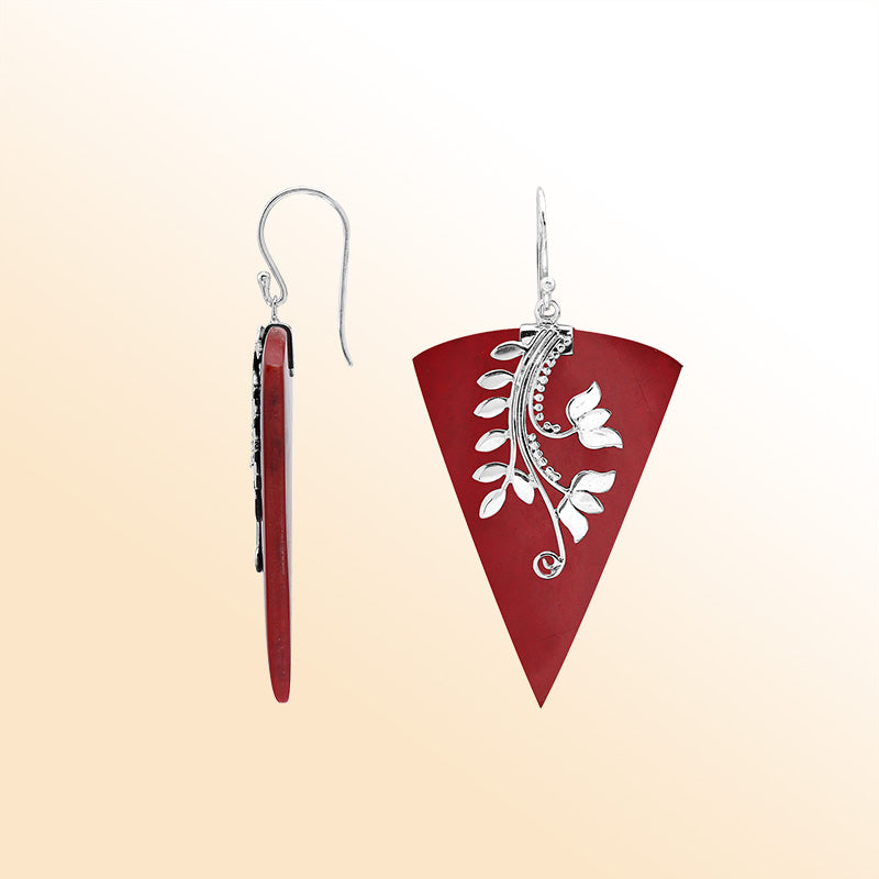 Sterling silver Red Coral drop earrings handcrafted in Bali